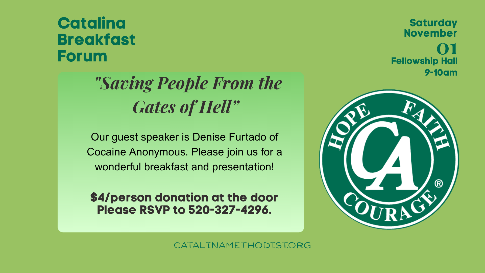 Catalina Breakfast Forum, November 01, 9am, Fellowship Hall