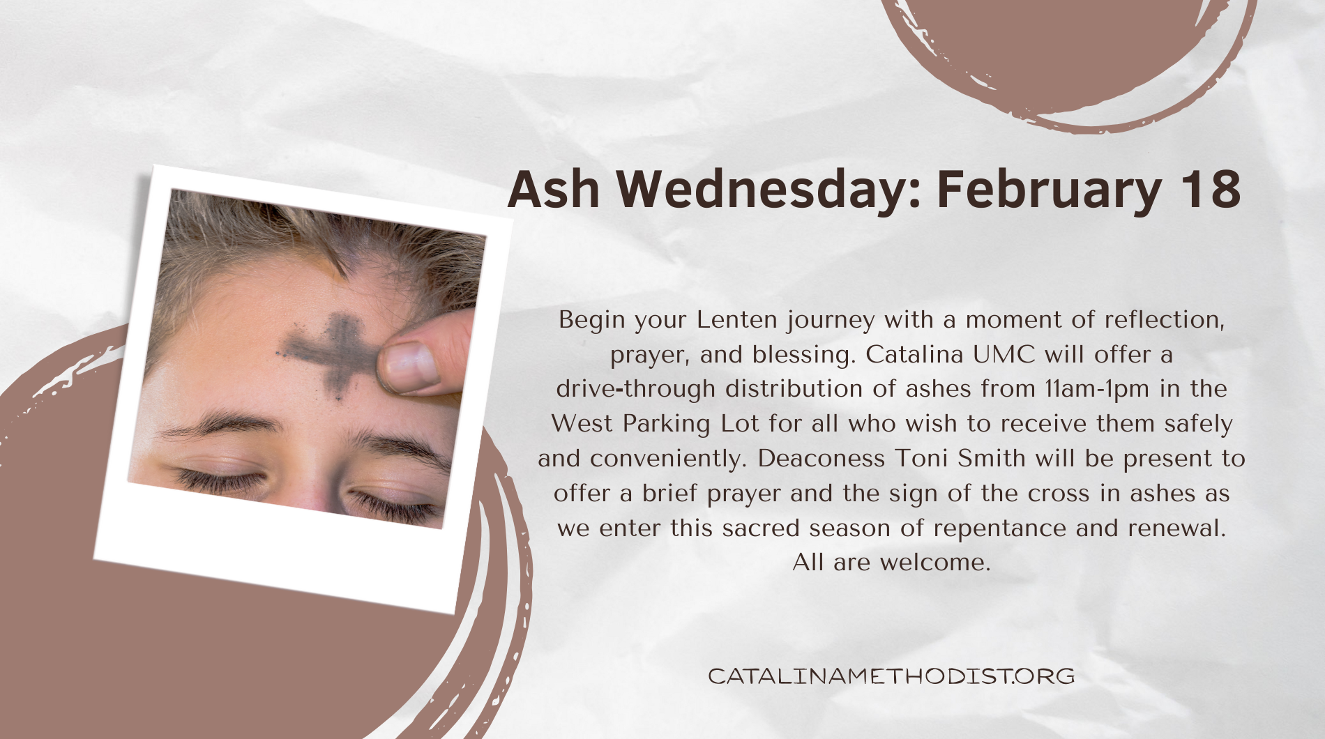 Ash Wednesday, February 18: Drive up Ashes